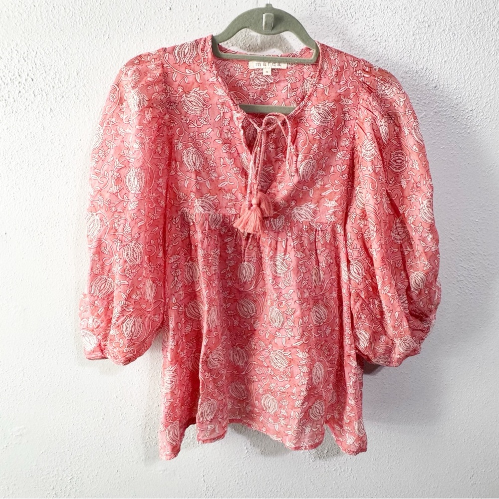 Marea Pink Floral Puff Sleeve Blouse trapeze cotton made in India size small